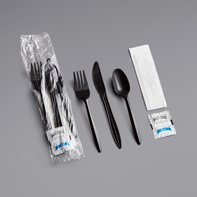 Black Plastic Cutlery Set with Napkin and S&P Pkts - 50/Pack