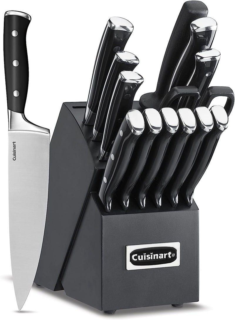 Cuisinart C77BTR-15PBK Classic Forged Triple Rivet, 15-Piece Knife Set with Block, Superior High-Carbon Stainless Steel Blades for Precision and Accuracy, Black