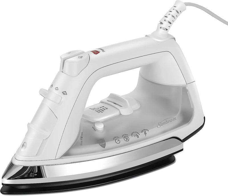 Sunbeam Classic Steam Iron, 1200 Watt, Mid-size Anti-Drip Nonstick Soleplate, Horizontal or Vertical Shot of Steam with 8' 360-Degree Swivel Cord and 3-Way Auto Shut-Off, White