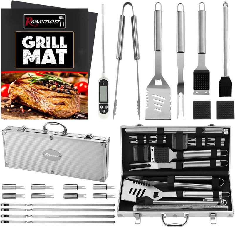 ROMANTICIST 23pc Must-Have BBQ Grill Accessories Set with Thermometer in Case - Stainless Steel Barbecue Tool Set with 2 Grill Mats for Backyard Outdoor Camping - Best Grill Gift for on Birthday