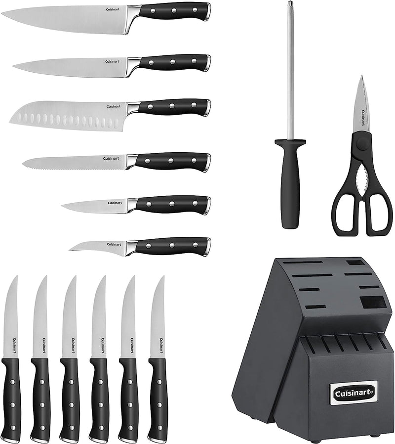 Cuisinart C77BTR-15PBK Classic Forged Triple Rivet, 15-Piece Knife Set with Block, Superior High-Carbon Stainless Steel Blades for Precision and Accuracy, Black