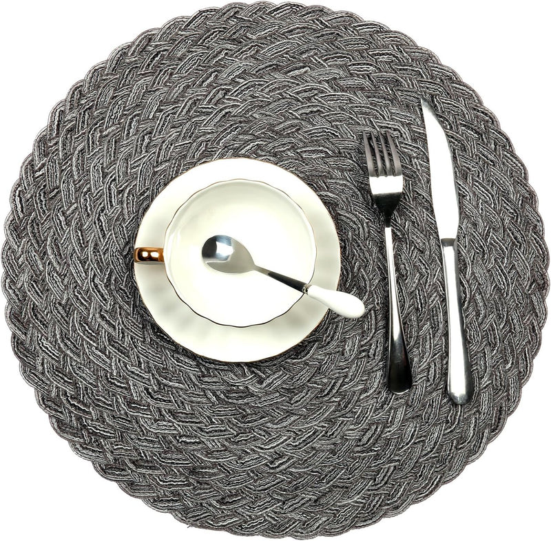 Topotdor Round Placemats Heat-Resistant Stain Resistant Anti-Skid Washable Polyproplene Table Mats Placemats (Set of 6, Braided-Gray)