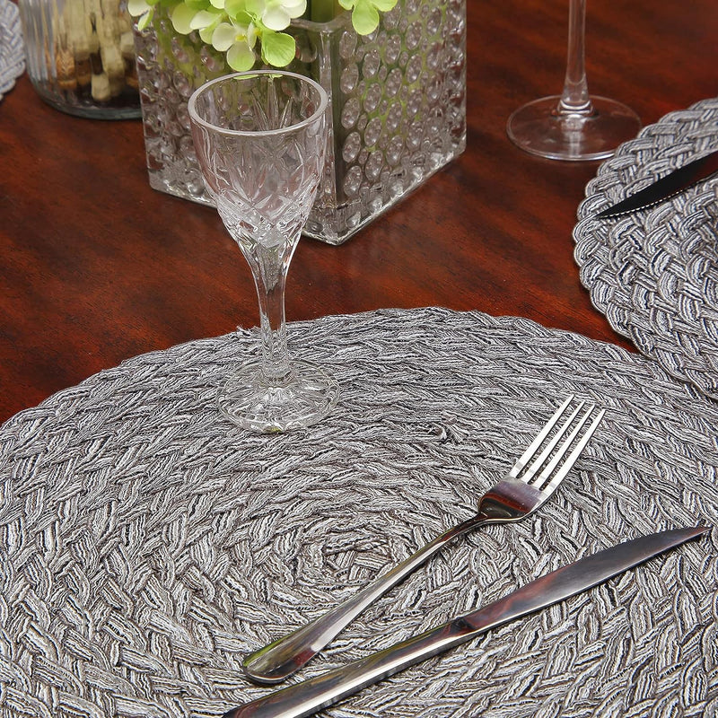 Topotdor Round Placemats Heat-Resistant Stain Resistant Anti-Skid Washable Polyproplene Table Mats Placemats (Set of 6, Braided-Gray)