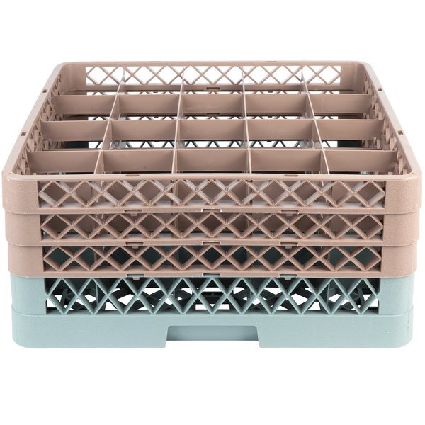 20-Compartment Gray Full-Size Glass Rack with 3 Brown Extenders - 19 3/8" x 19 3/8" x 8 3/4"